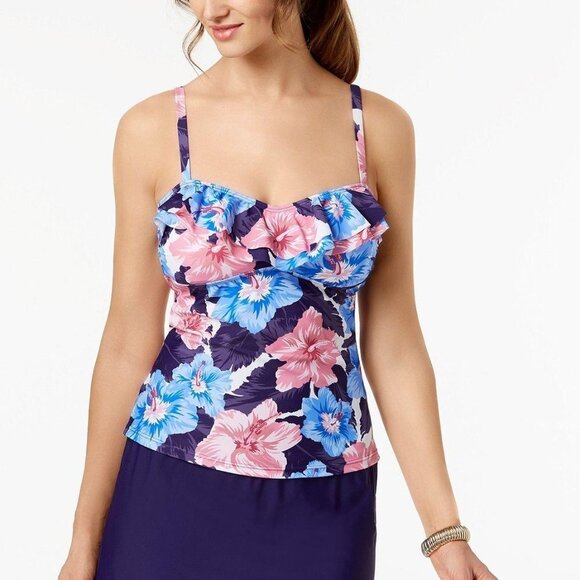 NWT Island Escape Tahiti Bandini Ruffled Tankini 6 Swimsuit Top Padded - Picture 2 of 9